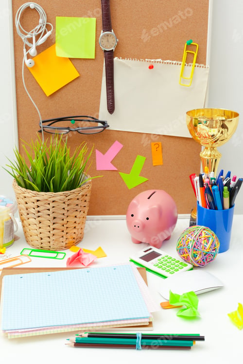 Preview: Work place of a creative person with a variety of colorful stationery objects