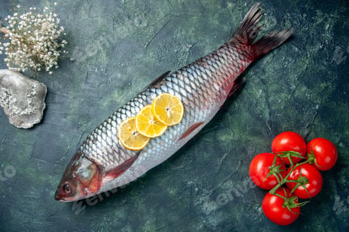 Preview: top view fresh raw fish with tomatoes and lemon on dark blue background shark seafood meal ocean