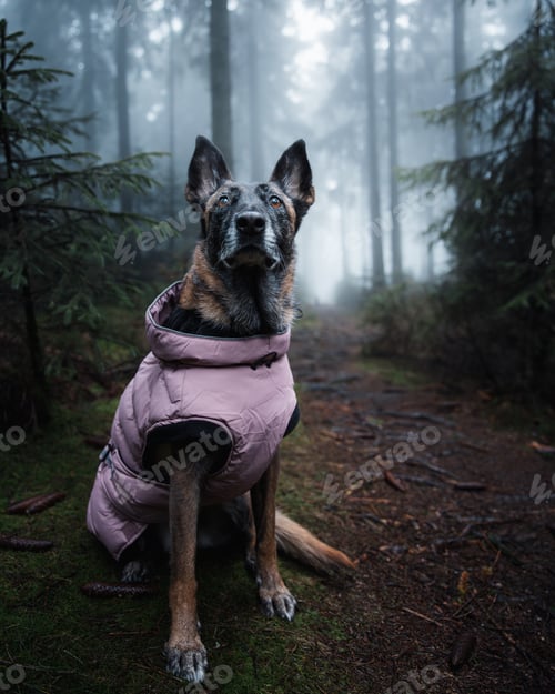 Preview: Cute canine wearing a stylish pink vest resting on the grass, surrounded by lush green trees