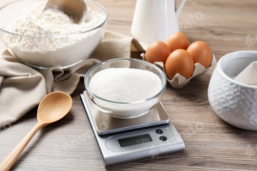 Preview: Digital kitchen scale with bowl of sugar among other products on wooden table