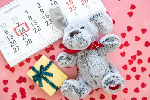 Preview: Valentine's Day background, date February 14 on calendar, flat lay, top view.
