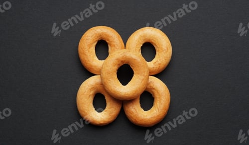 Preview: Tasty dry bagels (sushki) on black background, flat lay