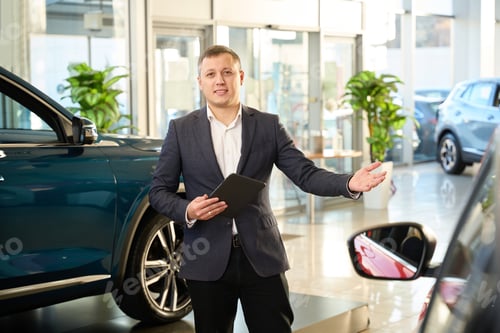 Preview: Car sales consultant points to a new car