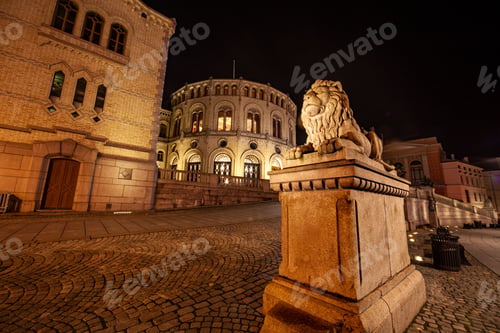 Preview: Oslo at night in summertime Stortinget Parliament Dasslokket Norway