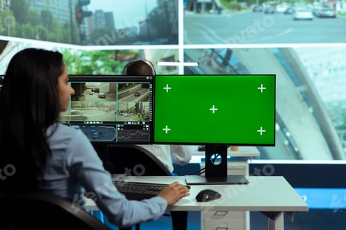 Preview: Indian employee works with isolated mockup screen and monitoring traffic
