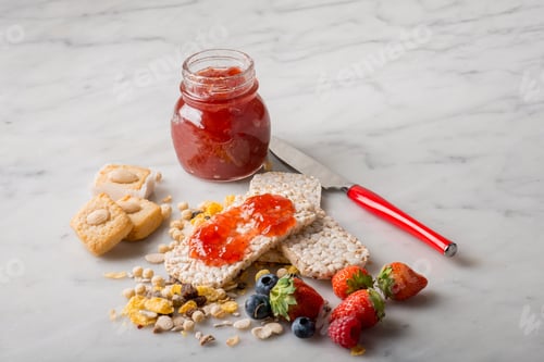 Preview: breakfast with strawberry jam cookie and fruits