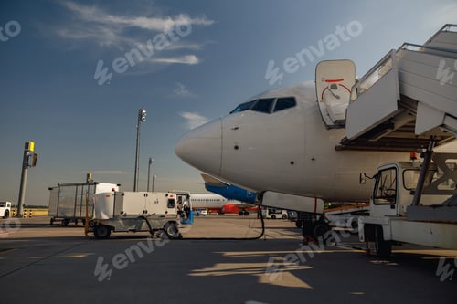 Preview: White airplane at airport refueling outdoors on a daytime. Aircraft details