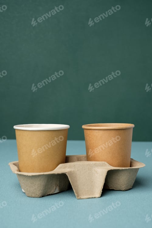 Preview: Eco friendly,take away disposable cup kraft paper and tray on green background.food packaging