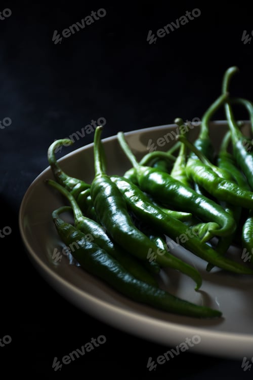 Preview: Plate of fresh green peppers against a dark background.