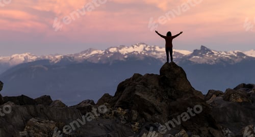 Preview: Silhouette of a Person on Mountain Peak Against Dusk Sky in 3D Rendering