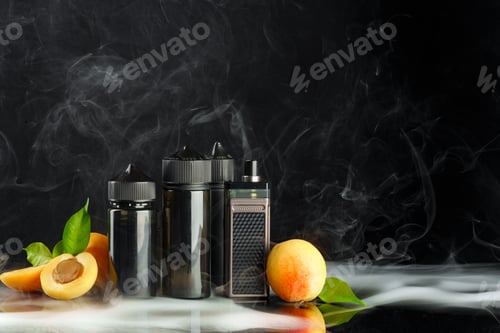 Preview: Vape and smoking liquid with fruit against black background with smoke
