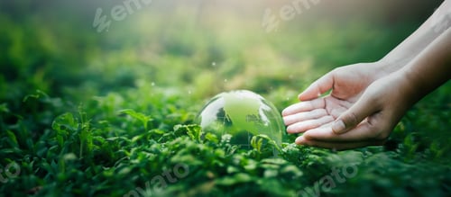 Preview: The glass globe is on a green background. Man saving the green planet, saving the earth
