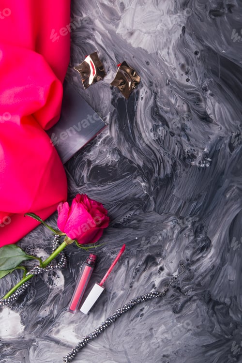 Preview: Elegant Jewelry and Cosmetic Flat Lay Still Life