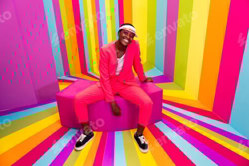 Preview: Beautiful young woman dancing and having fun inside a rainbow box room
