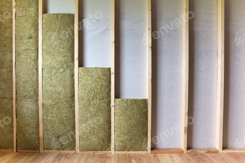 Preview: Wooden frame for future walls insulated with rock wool and fiberglass insulation