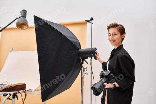 Preview: cheerful good looking woman with photography equipment smiling happily at camera in her studio