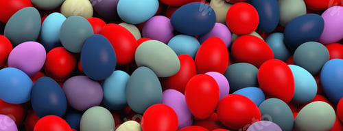 Preview: Easter preparation. Various colors eggs pile, texture background, banner. 3d illustration