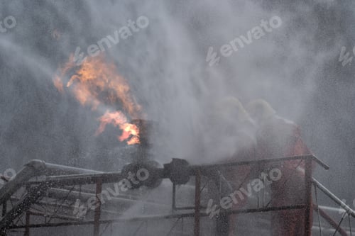 Preview: Fire fighter team on training with gas and oil fire at pipe line and valve spray jet water