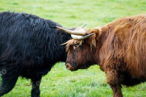 Preview: Selective focus of Scottish Highland cattle fighting with their horns on blurred background
