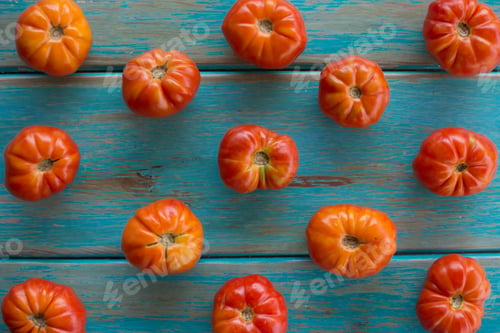 Preview: Large juicy red tomatoes on a wooden table a blue table.