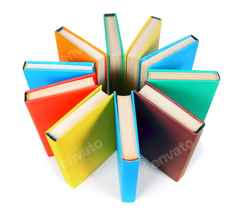 Preview: Multi-coloured books. On white background.