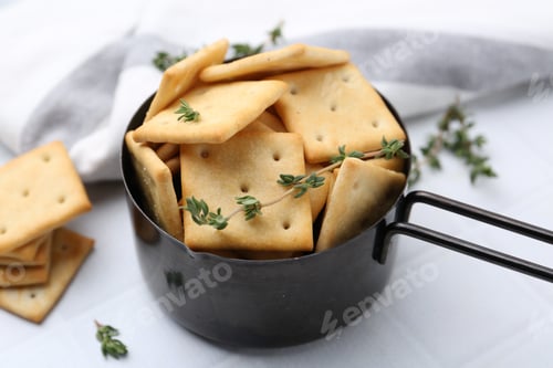 Preview: Tasty salty crackers and thyme on white tiled table, closeup