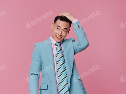 Preview: emotional man in blue suit asian appearance isolated background