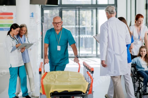 Preview: Caregiver pushing hospital bed at corridor, his colleagues taking care of patients.
