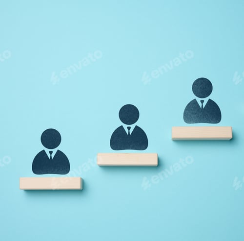 Preview: The concept of leadership in business, the rating of talented employees. Wooden bars and staff icons