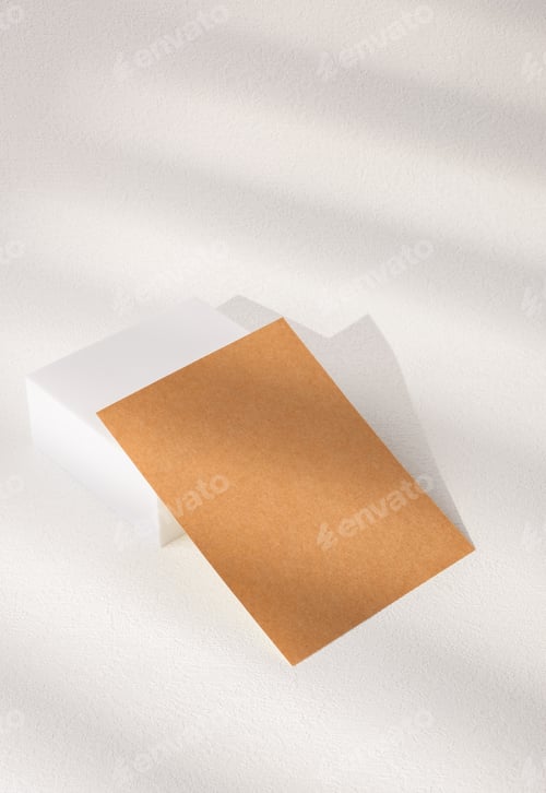 Preview: mockup blank Kraft business card on white block with sunlight