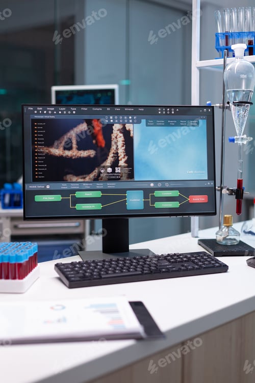 Preview: Computer standing on table with microbiology research on display during pharmaceutic biochemical
