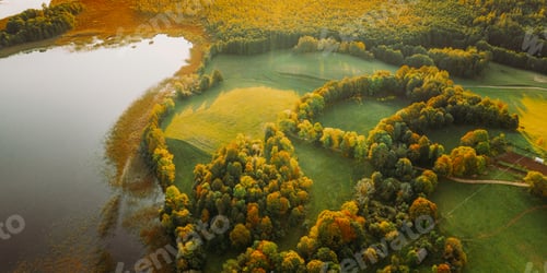 Preview: Aerial View Of Green Forest And Meadow Hill Landscape Near River. Top View Of Beautiful Nature From