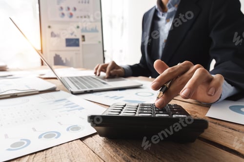 Preview: Bookkeeper or financial inspector hands making report, calculating. Home finance, tax, investment