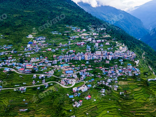 Preview: Drone view of Dhunche Bazar in Rasuwa, Nepal