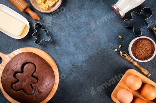 Preview: Christmas Baking background. Ingredients for cooking christmas baking. Gingerbread cookies