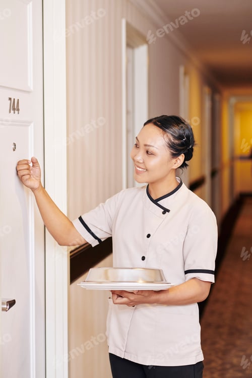 Preview: Waitress delivering the dinner in the room