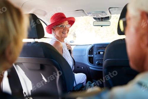 Preview: Group Of Senior Friends Sitting In Car Driving To Vacation