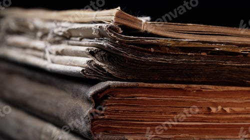 Preview: Aged Book Spines In Macro. Vintage Texture, Timeworn Details. Frayed edges pages