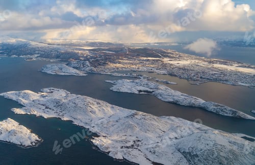 Preview: Lofoten islands, Nordland county, Norway, Europe. White snowy mountain hills and trees, nature