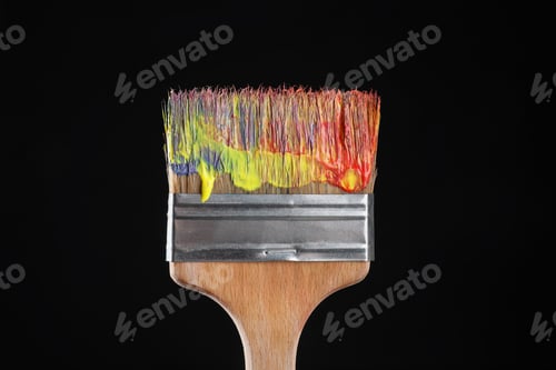 Preview: One dirty paintbrush on black background, closeup
