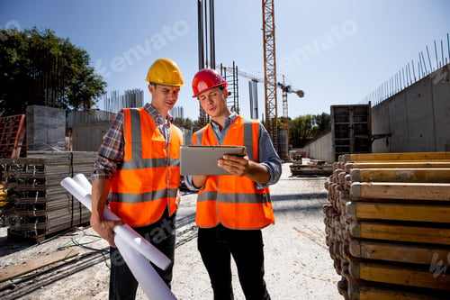 Preview: Architect and structural engineer dressed in orange work vests and helmets discuss a building