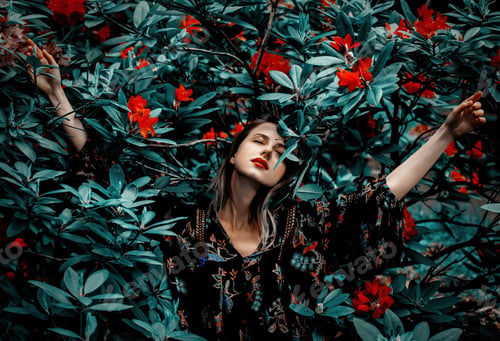 Preview: style woman near rhododendron flowers in a grarden