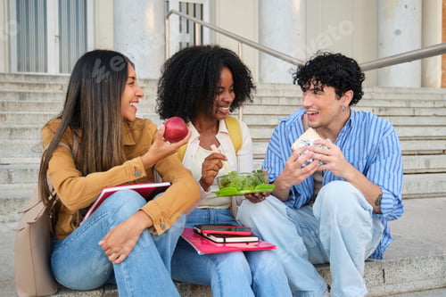 Preview: Diverse students laughing, sharing lunch on university steps