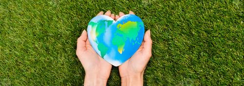 Preview: Cropped view of globe in female hands on green, earth day concept