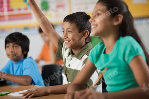 Preview: A group of young girls and boys in a classroom, classmates. A boy with his hand raised.