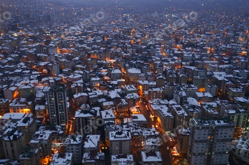 Preview: top view of Snowfall on buildings in istanbul city