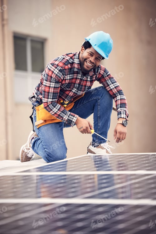 Preview: Screwdriver, happy man portrait and solar panel installation of photovoltaic electricity cell on ro
