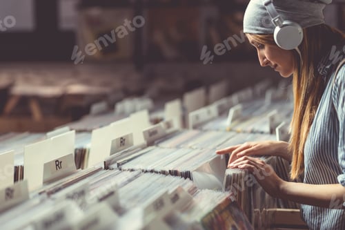 Preview: Young girl with headphones browsing vinyl records