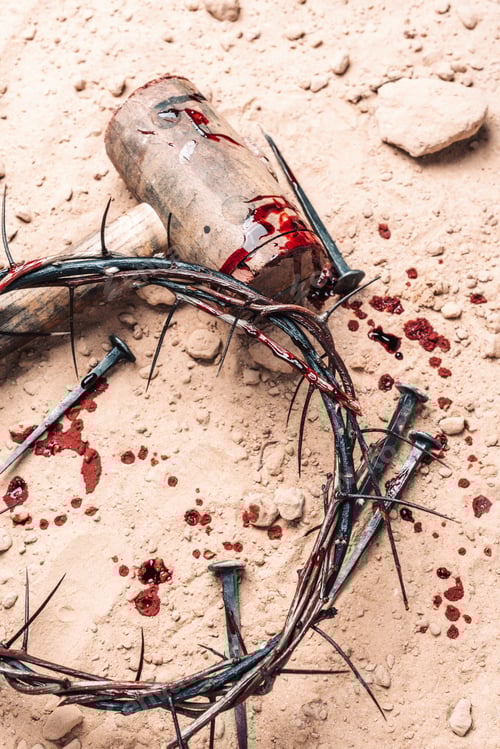 Preview: Good Friday, Passion of Jesus Christ. Crown of thorns, hammer, bloody nails on ground. Christian