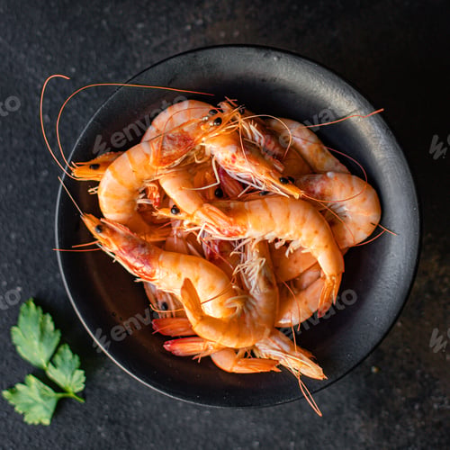 Preview: Shrimp Boiled Seafood Crustacean Prawn Ready To Eat On The Table For Healthy Meal Snack Outdoor Top